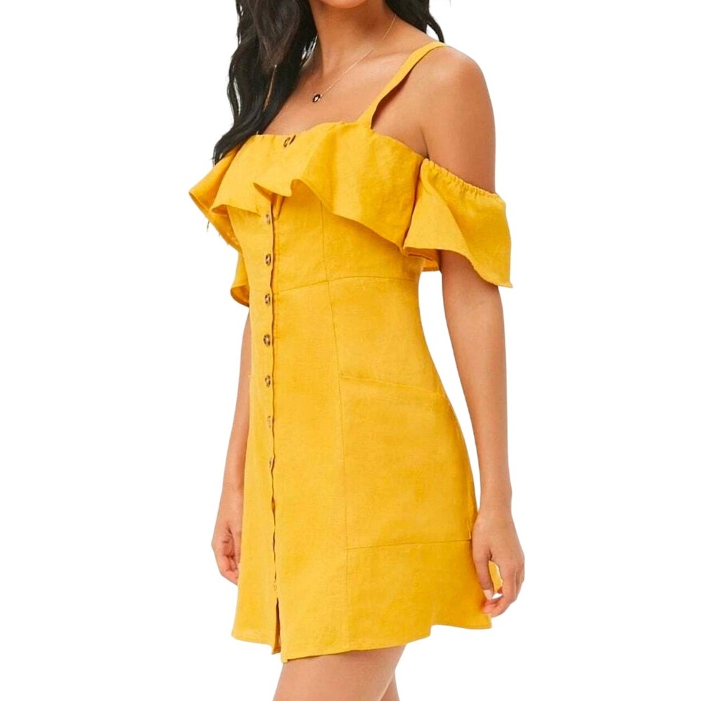 Forever 21 Mustard Yellow 100% Linen Cold Shoulder Ruffle Mini Dress Medium - Picture 2 of 11